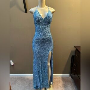 Spaghetti strap blue sequin prom dress
